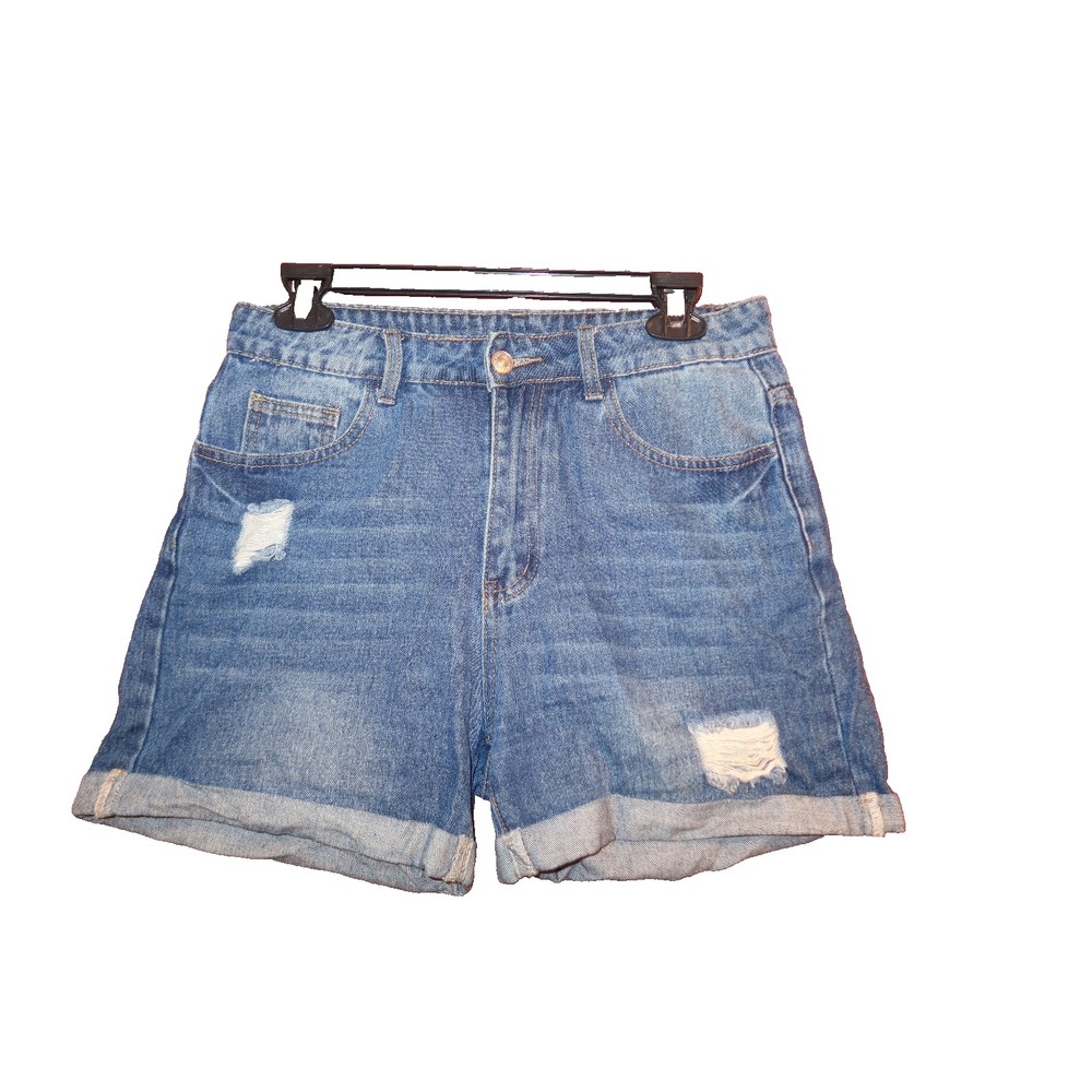 SHEIN Women's Size 28 Blue Denim Shorts Distressed Ripped Cuffed High Rise